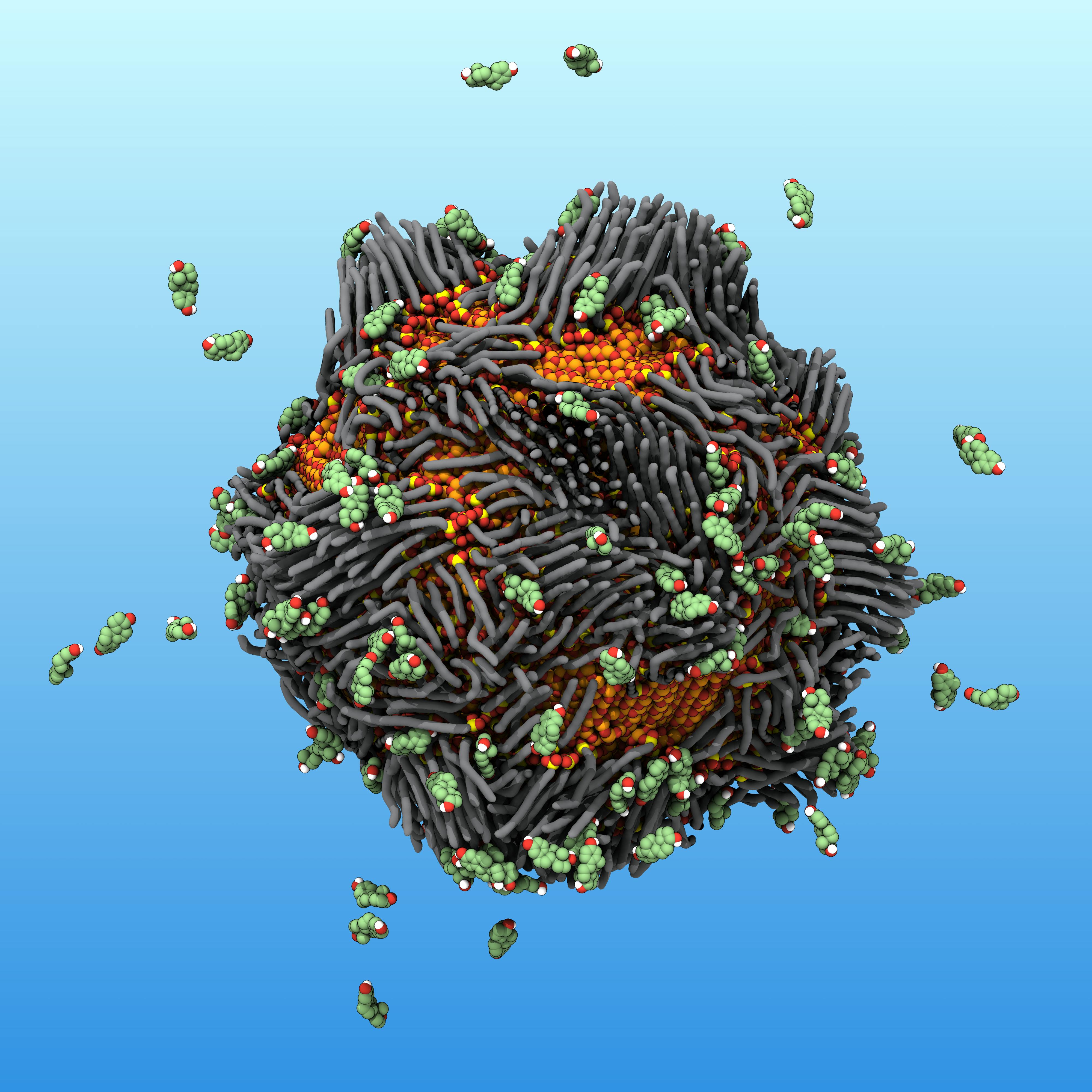 An illustration of the &ldquo;smart rust&rdquo; nanoparticle attracting floating estrogen molecules.
