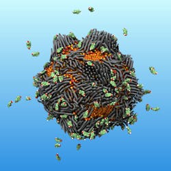 An illustration of the “smart rust” nanoparticle attracting floating estrogen molecules. An illustration of the “smart rust” nanoparticle attracting floating estrogen molecules.