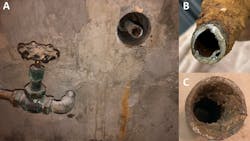 (A) Routine work, like meter replacements, could provide an opportunity to look inside pipes for lead-lining. (B) Galvanized steel pipe with lead lining discovered during service line replacement (C) Un-lined galvanized iron pipe with scale and deposits. (images courtesy CDM Smith) (A) Routine work, like meter replacements, could provide an opportunity to look inside pipes for lead-lining. (B) Galvanized steel pipe with lead lining discovered during service line replacement (C) Un-lined galvanized iron pipe with scale and deposits. (images courtesy CDM Smith)