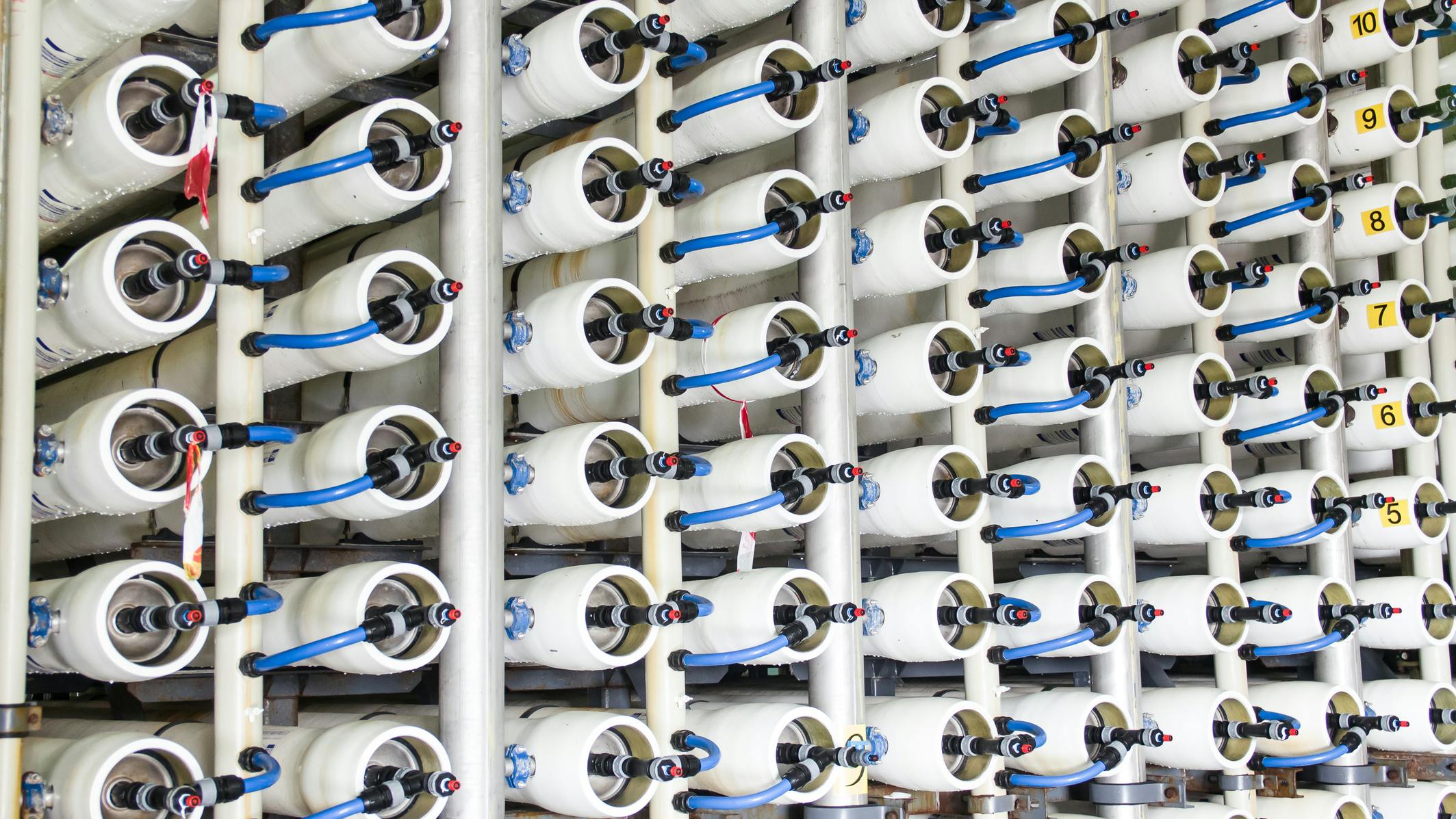 Reverse osmosis membranes used in a desalination plant.