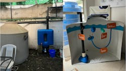 An example of a Tlaloque system at Isla Urbana (left), including the treatment flow within the Rotoplas container (right). Photo taken by Kaitlin Spiridellis, August 30, 2024. An example of a Tlaloque system at Isla Urbana (left), including the treatment flow within the Rotoplas container (right). Photo taken by Kaitlin Spiridellis, August 30, 2024.