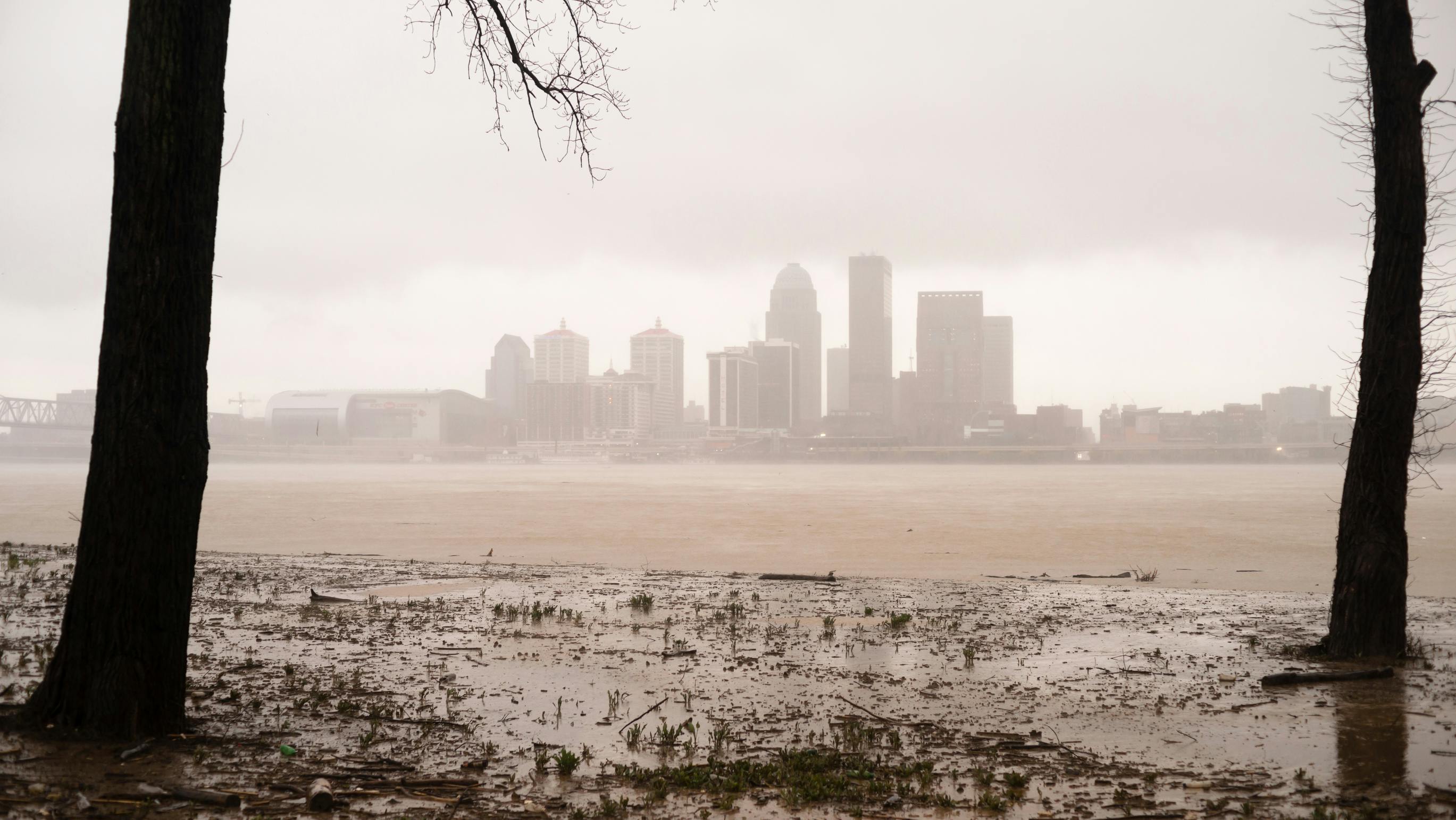 Historic Storm Flooding Ohio River Overflowing Louisville Kentucky.