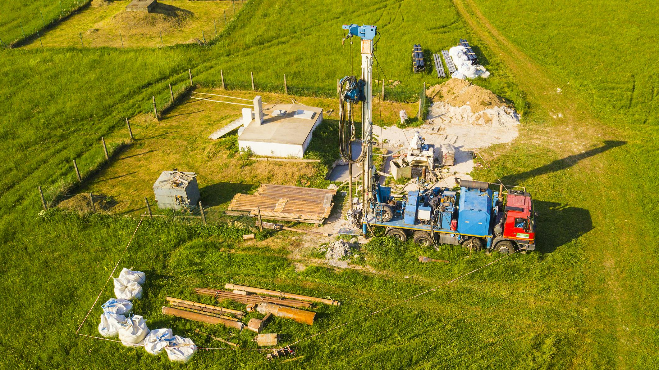 Aerial view of water well drilling.