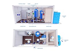 Figure 1: Top and side view of the containerized BIOBOX biological denitrification treatment plant provided for demonstration at the Town of Gilbert Well#22. Figure 1: Top and side view of the containerized BIOBOX biological denitrification treatment plant provided for demonstration at the Town of Gilbert Well#22.