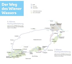 Map of springs outside the city sourcing water into Vienna, or “Wien” on the map, through gravity systems. Map of springs outside the city sourcing water into Vienna, or “Wien” on the map, through gravity systems.