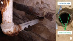 (A) Visual inspection of galvanized steel/iron. (B) Inside of a LL pipe with both layers visible. (images courtesy CDM Smith) (A) Visual inspection of galvanized steel/iron. (B) Inside of a LL pipe with both layers visible. (images courtesy CDM Smith)