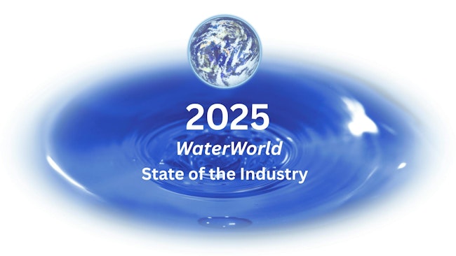 Green-planet. An image of a planet emanating from water that can represent the environmental-industry, biblical-creation, mother-nature, or global-business. The foreground reads 2025 WateWorld State of the Industry