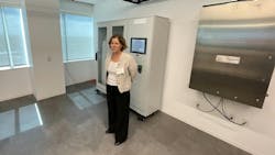 Sophie Borgne, president of water and environment for Schneider Electric, demonstrates how the company's open, softwate-defined automation system can integrate into water systems. In this case, a small pumping station model that utilizes two pumps, a temperature sensor, pressure sensor and flow sensor. Sophie Borgne, president of water and environment for Schneider Electric, demonstrates how the company's open, softwate-defined automation system can integrate into water systems. In this case, a small pumping station model that utilizes two pumps, a temperature sensor, pressure sensor and flow sensor.