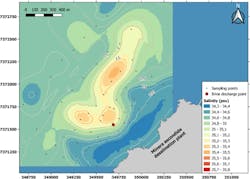 Figure 8: Spatial representation of saline plume dispersion from the Minera Escondida desalination plant. The isolines indicate the percentage of salinity above the natural salinity. This map was created using maximum salinity values from the survey performed on May 7, 2019. (source: Sola, A., et al.) Figure 8: Spatial representation of saline plume dispersion from the Minera Escondida desalination plant. The isolines indicate the percentage of salinity above the natural salinity. This map was created using maximum salinity values from the survey performed on May 7, 2019. (source: Sola, A., et al.)