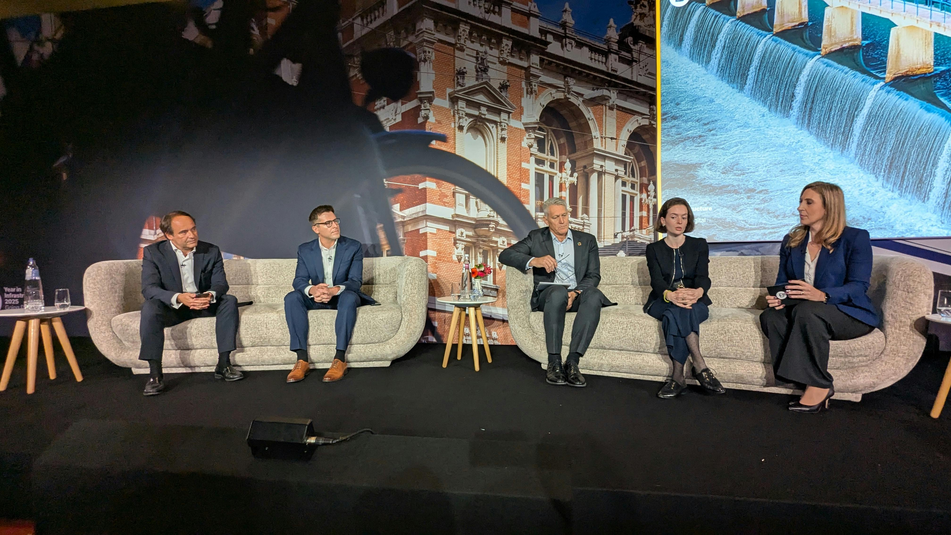 Left to right: Panelists Nuno Medeiros, Ben Townsend, Rod Naylor, and Cloe Meyer listen to moderator Cecilia Correia's first question during a discussion on water and wastewater at the 2025 Bentley Year In Infrastructure Awards in Amsterdam Oct. 15, 2025.