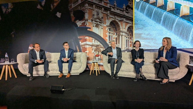 Left to right: Panelists Nuno Medeiros, Ben Townsend, Rod Naylor, and Cloe Meyer listen to moderator Cecilia Correia's first question during a discussion on water and wastewater at the 2025 Bentley Year In Infrastructure Awards in Amsterdam Oct. 15, 2025.