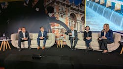 Left to right: Panelists Nuno Medeiros, Ben Townsend, Rod Naylor, and Cloe Meyer listen to moderator Cecilia Correia's first question during a discussion on water and wastewater at the 2025 Bentley Year In Infrastructure Awards in Amsterdam Oct. 15, 2025. Left to right: Panelists Nuno Medeiros, Ben Townsend, Rod Naylor, and Cloe Meyer listen to moderator Cecilia Correia's first question during a discussion on water and wastewater at the 2025 Bentley Year In Infrastructure Awards in Amsterdam Oct. 15, 2025.