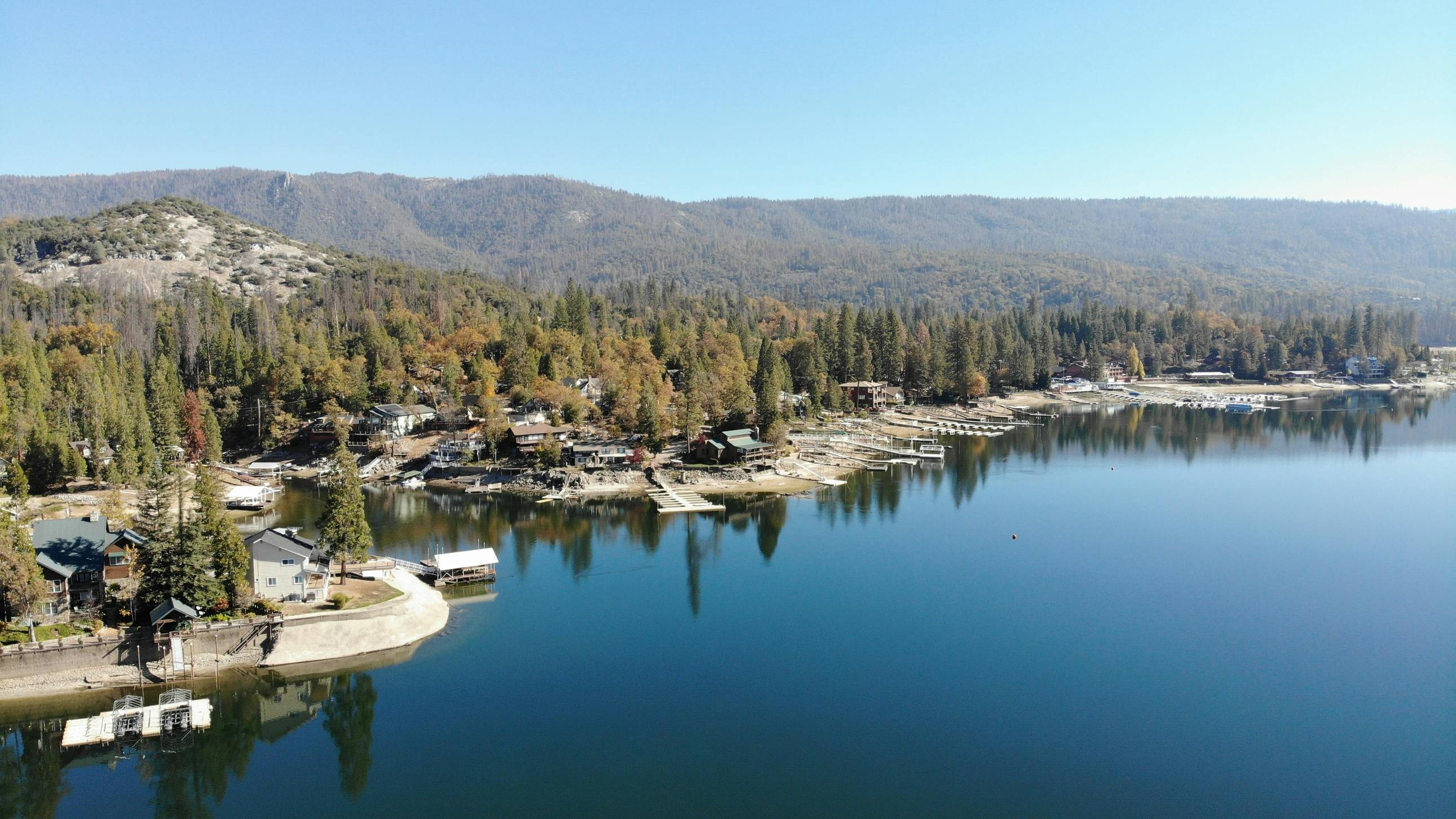 Bass lake in California aerial view of the lake and Sierra National Forest