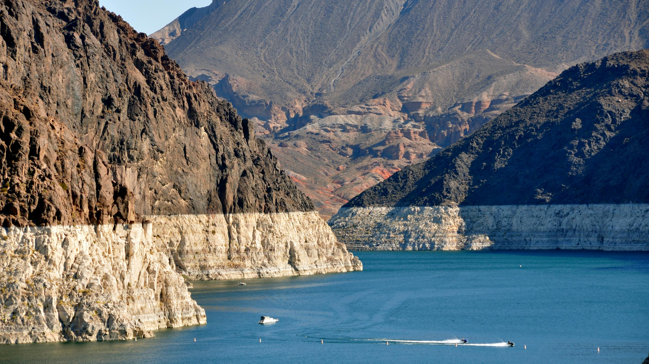 Lake Mead just north of the Hoover Dam on the border between the U. S. states of Arizona and Nevada