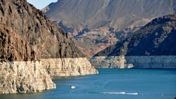 Lake Mead just north of the Hoover Dam on the border between the U. S. states of Arizona and Nevada Lake Mead just north of the Hoover Dam on the border between the U. S. states of Arizona and Nevada