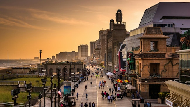 View of the boardwalk at sunset, in Atlantic City, New Jersey