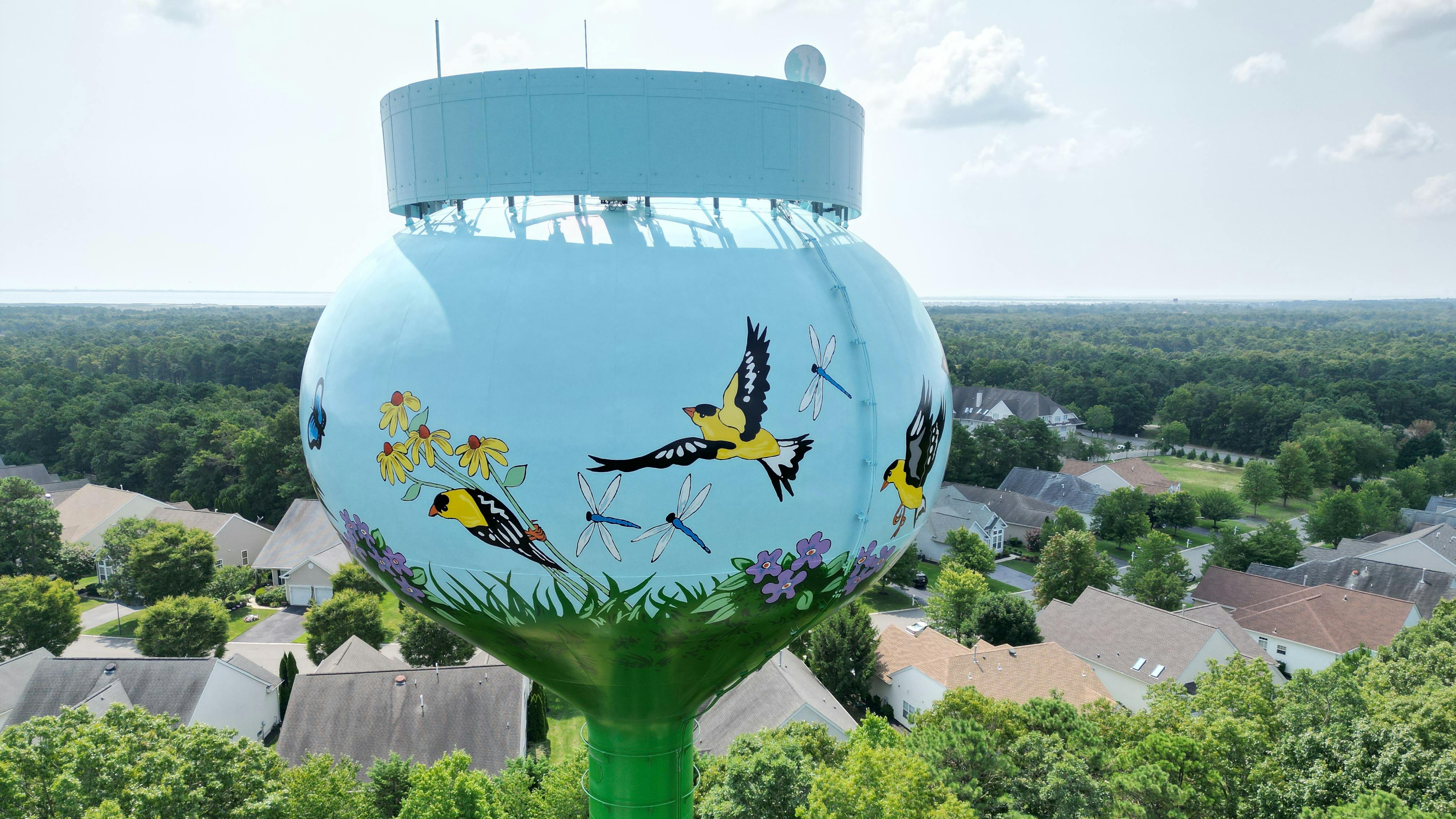 Figure 1: The newly refurbished Sea Oaks water tower serving Little Egg Harbor, New Jersey, features a serene meadow landscape filled with birds, insects and plants (Photo credit: Courtesy of Paul Britt, New Jersey Water Association).