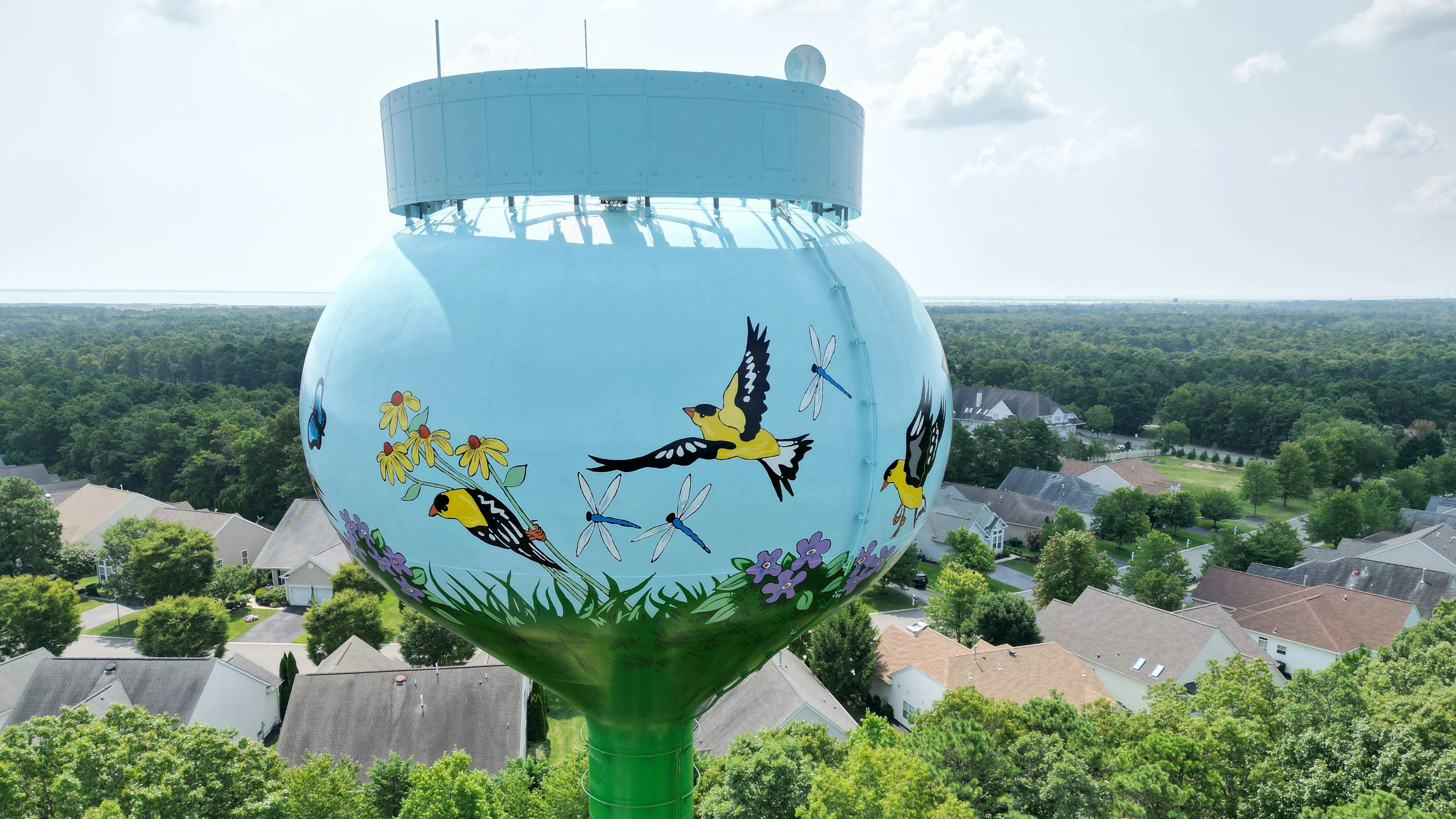Figure 1: The newly refurbished Sea Oaks water tower serving Little Egg Harbor, New Jersey, features a serene meadow landscape filled with birds, insects and plants (Photo credit: Courtesy of Paul Britt, New Jersey Water Association).
