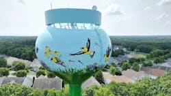 Figure 1: The newly refurbished Sea Oaks water tower serving Little Egg Harbor, New Jersey, features a serene meadow landscape filled with birds, insects and plants (Photo credit: Courtesy of Paul Britt, New Jersey Water Association). Figure 1: The newly refurbished Sea Oaks water tower serving Little Egg Harbor, New Jersey, features a serene meadow landscape filled with birds, insects and plants (Photo credit: Courtesy of Paul Britt, New Jersey Water Association).