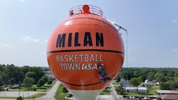 Figure 4: Crews apply the final branding details to Milan, Indiana’s new water tower, using tinted Fluorokem HS 100 for crisp, high-gloss lettering. Photo courtesy of Fleis & VandenBrink (Mick Clouse) Figure 4: Crews apply the final branding details to Milan, Indiana’s new water tower, using tinted Fluorokem HS 100 for crisp, high-gloss lettering. Photo courtesy of Fleis & VandenBrink (Mick Clouse)
