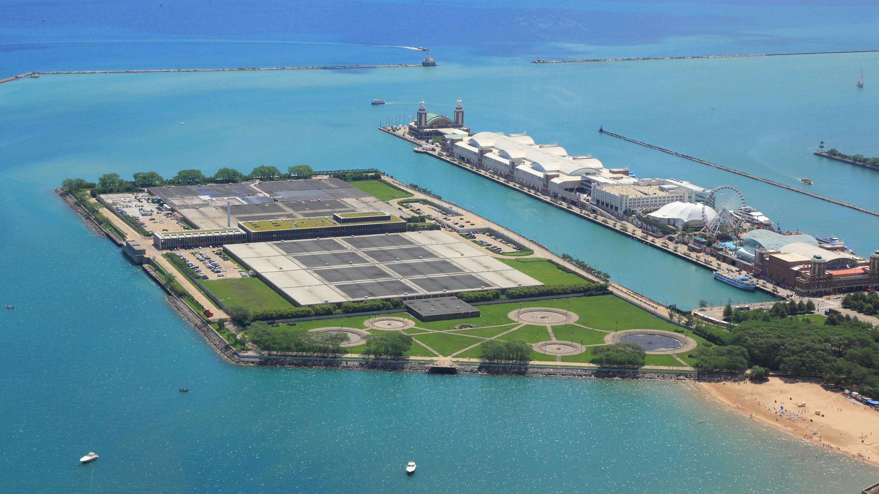 Chicago water treatment facility in Streeterville and Navy Pier on Lake Michigan