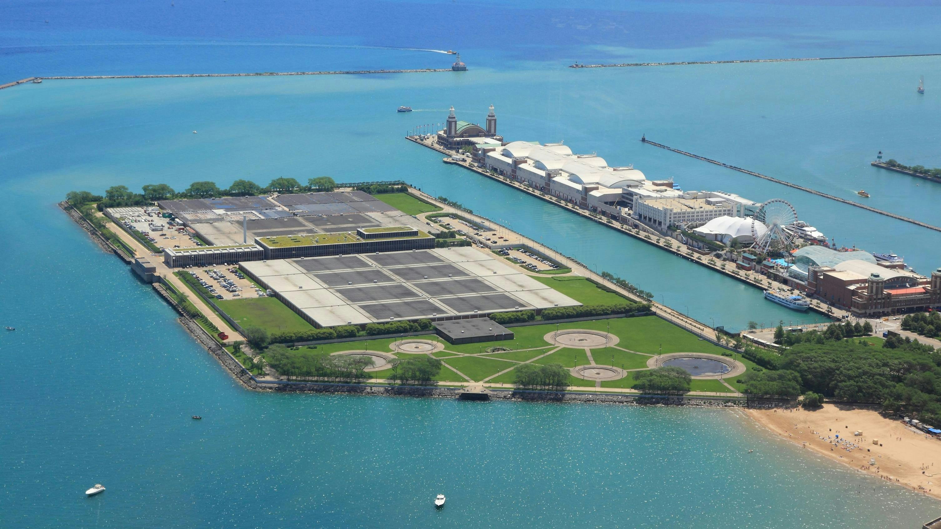 Chicago water treatment facility in Streeterville and Navy Pier on Lake Michigan