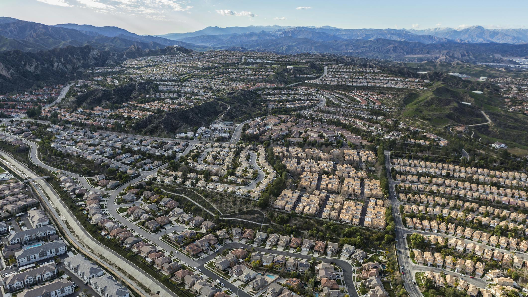 Aerial of the Stevenson Ranch suburban community in Los Angeles County California