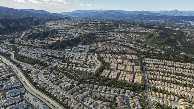 Aerial of the Stevenson Ranch suburban community in Los Angeles County California