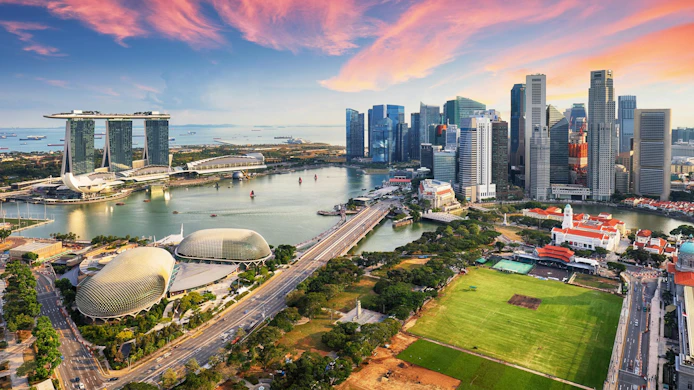 Aerial view of Cloudy sky at Marina Bay Singapore city skyline