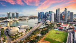 Aerial view of Cloudy sky at Marina Bay Singapore city skyline Aerial view of Cloudy sky at Marina Bay Singapore city skyline