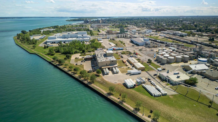 Aerial view of Large chemical factory along Detroit river in Wyandotte, Michigan