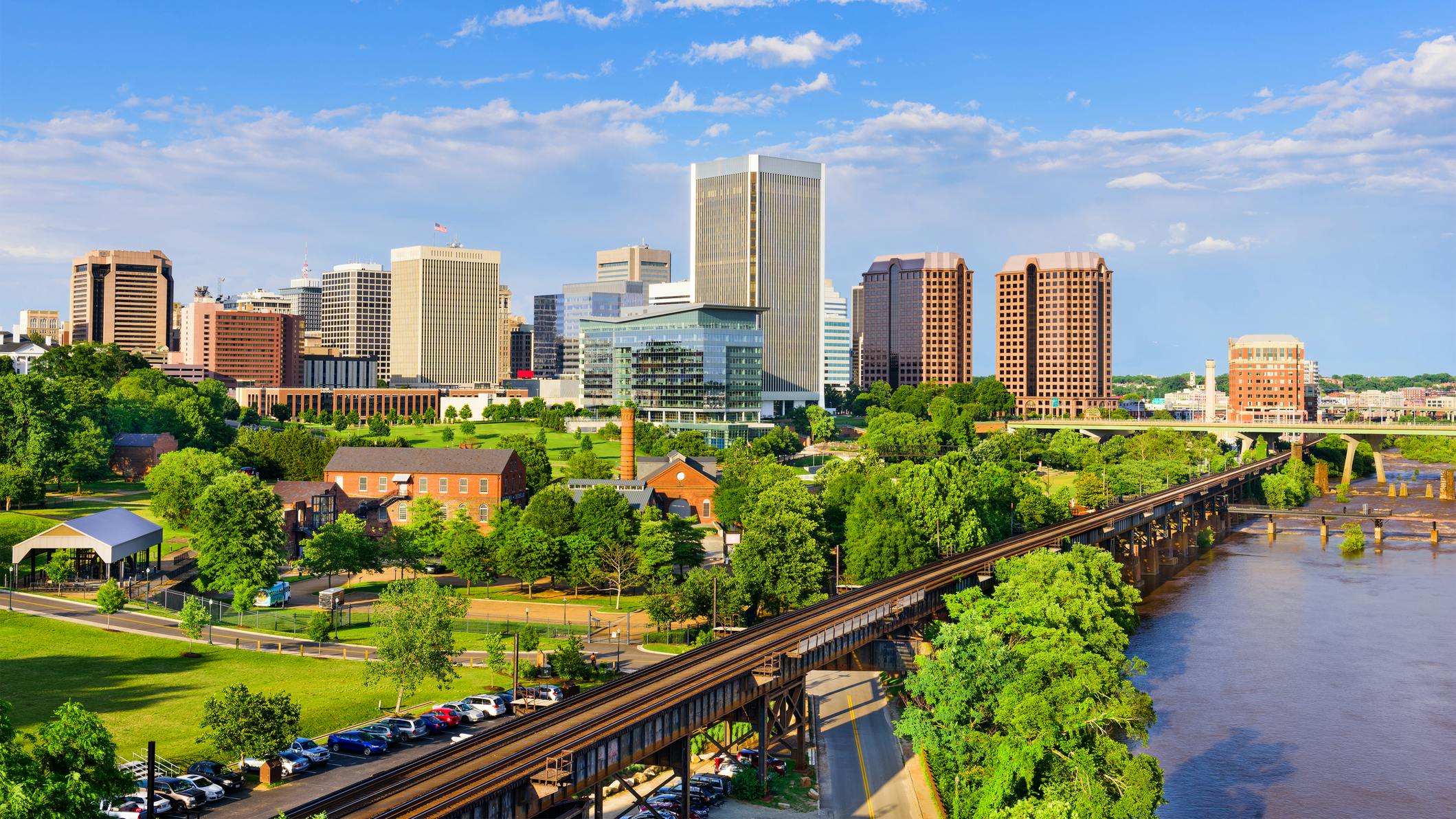 Richmond, Virginia, USA downtown skyline on the James River