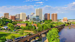Richmond, Virginia, USA downtown skyline on the James River
