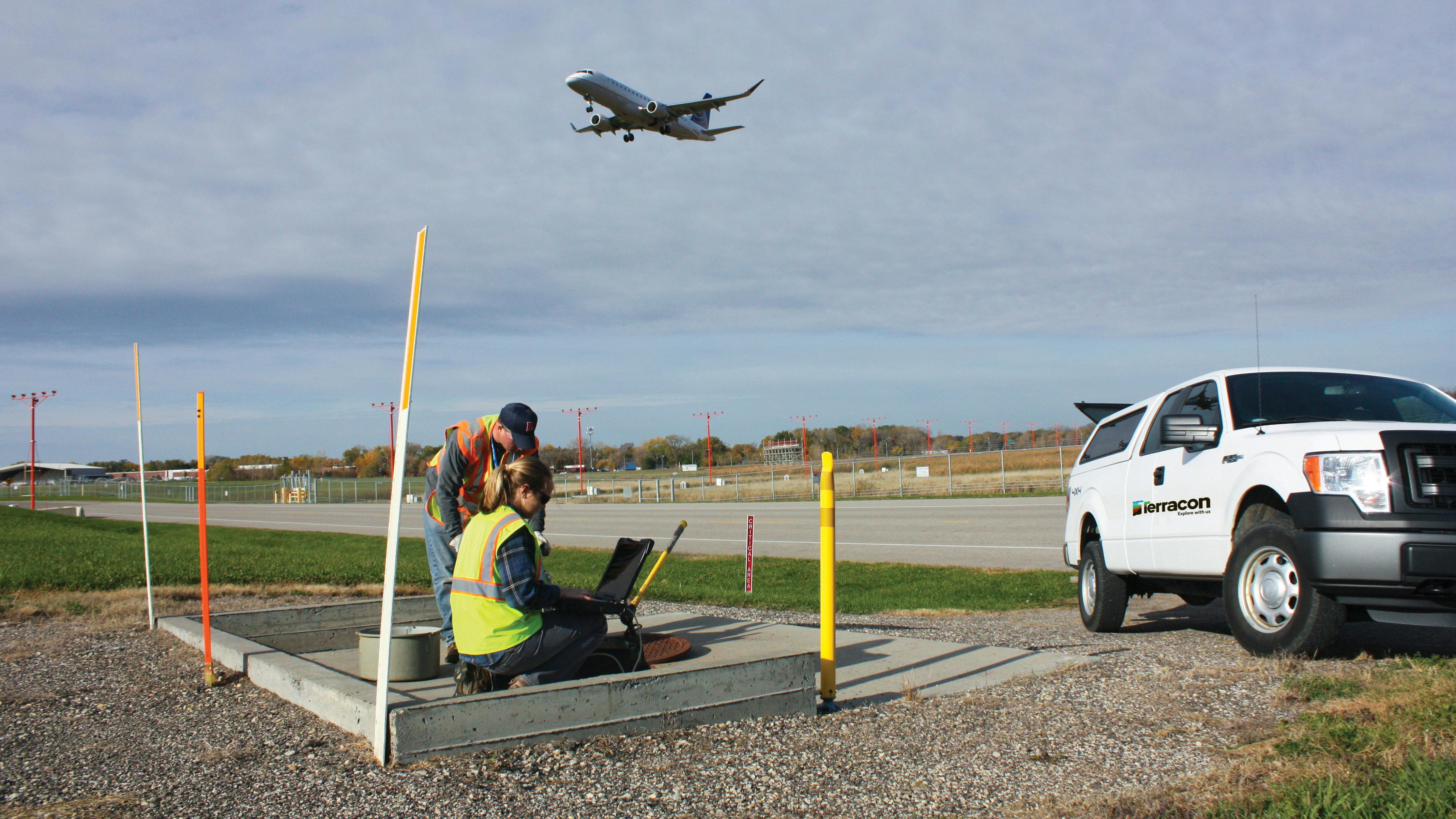 Water sampling for contaminants near an airport.