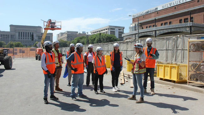 RISE interns visit a construction site in downtown Milwaukee.