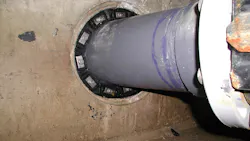 Proco Pen-Seal wrap around the carrier pipe filling the annular space with interlocking rubber links, and are compressed by pressure plates and bolts until sealed.
