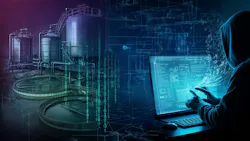 Water system cybercrime, with hacker in foreground and wastewater system in background. This content was generated by Shutterstock AI by an Artificial Intelligence (AI) system. This generation is public.